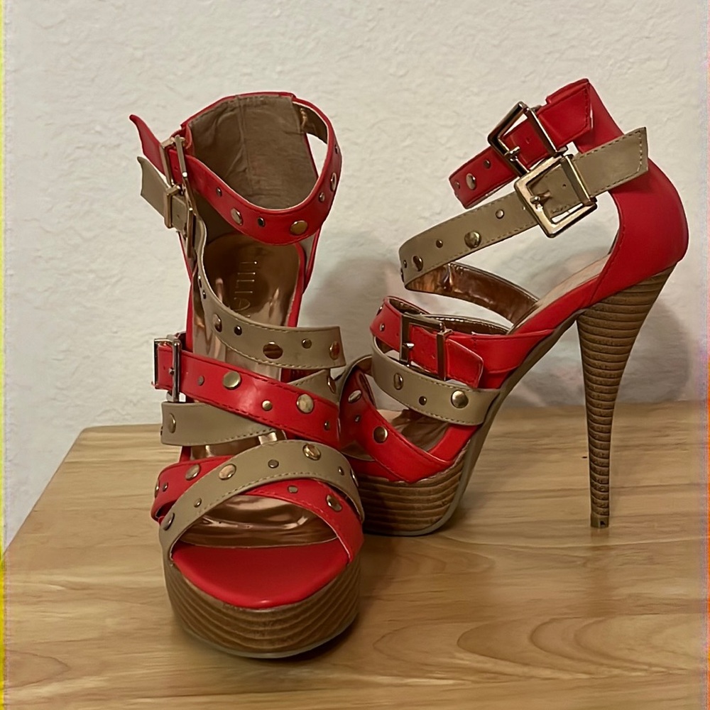 Liliana - 8 coral and beige strappy platform stiletto sandals